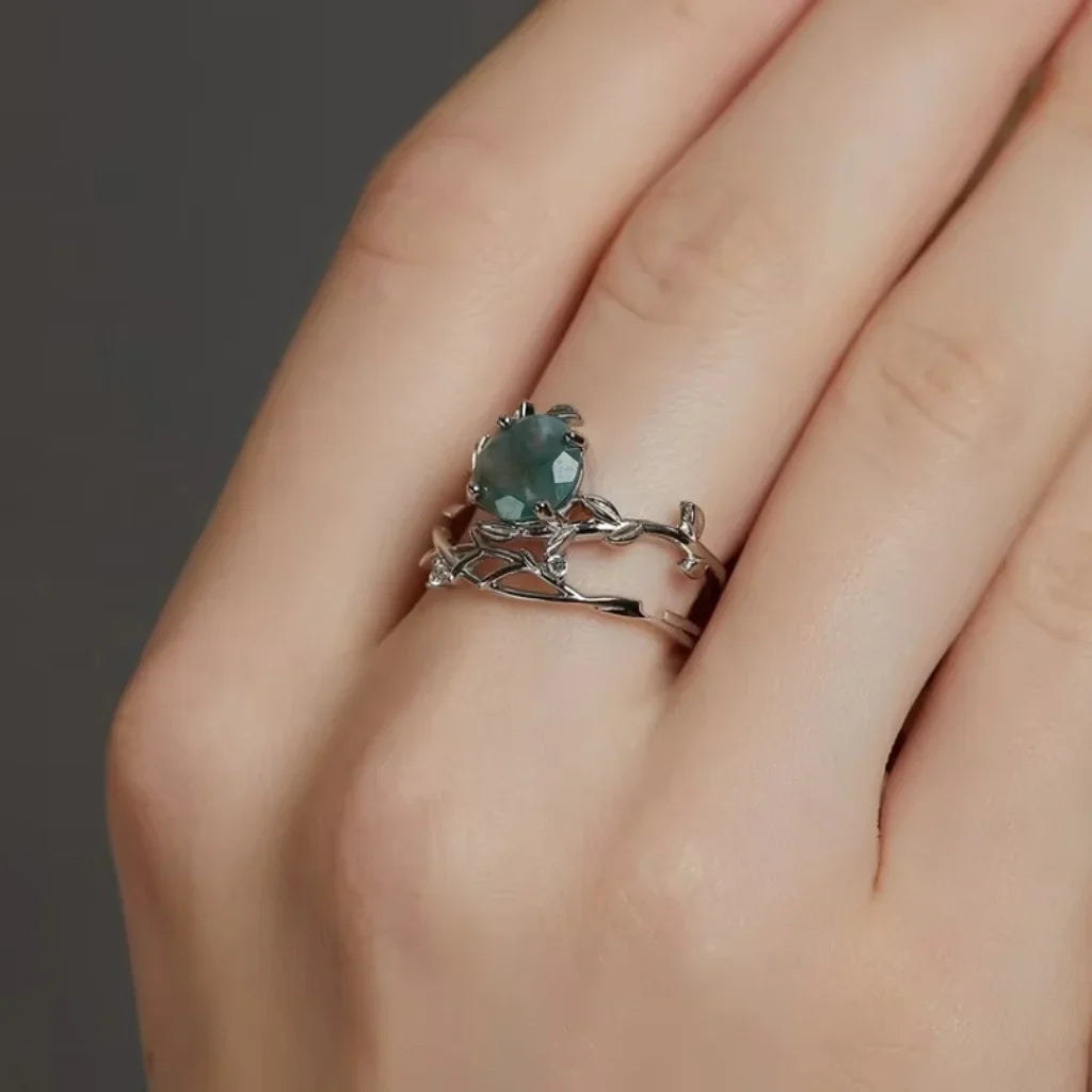 Olive Branch Moss Agate Wedding Ring Set