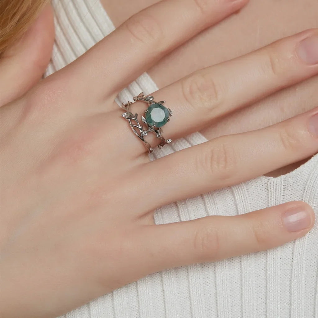 Olive Branch Moss Agate Wedding Ring Set