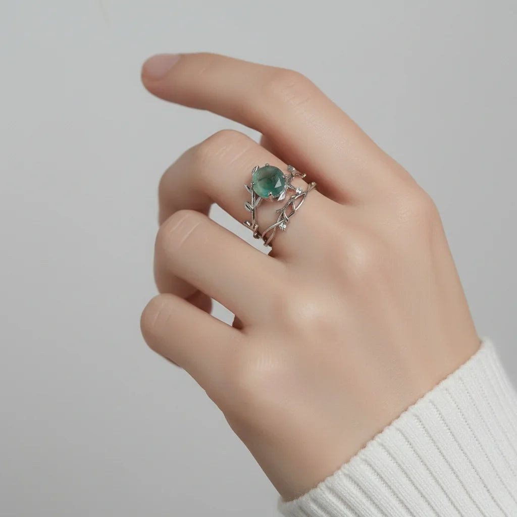 Olive Branch Moss Agate Wedding Ring Set