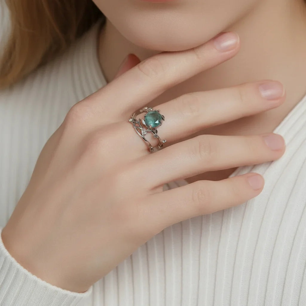 Olive Branch Moss Agate Wedding Ring Set
