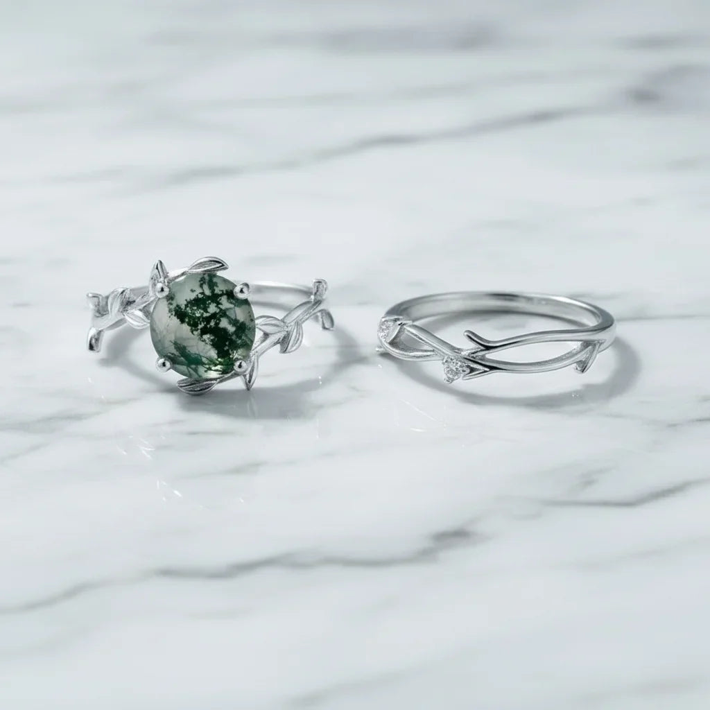 Olive Branch Moss Agate Wedding Ring Set
