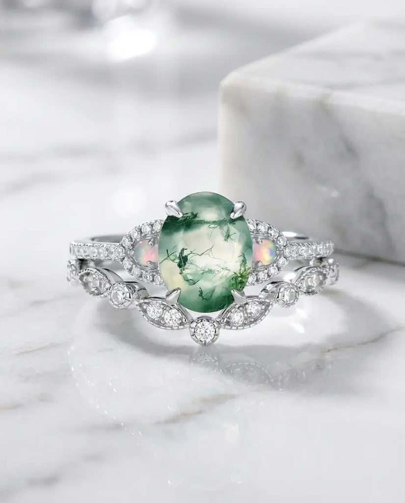 Oval Moss Agate Wedding Set with Opal Accents - Vintage Style IfShe Jewelry