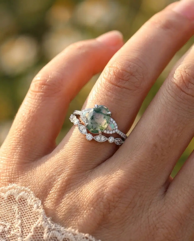 Oval Moss Agate Wedding Set with Opal Accents - Vintage Style IfShe Jewelry