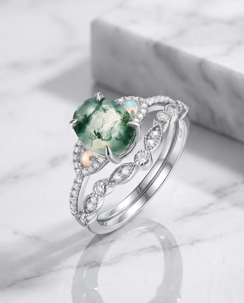Oval Moss Agate Wedding Set with Opal Accents - Vintage Style IfShe Jewelry