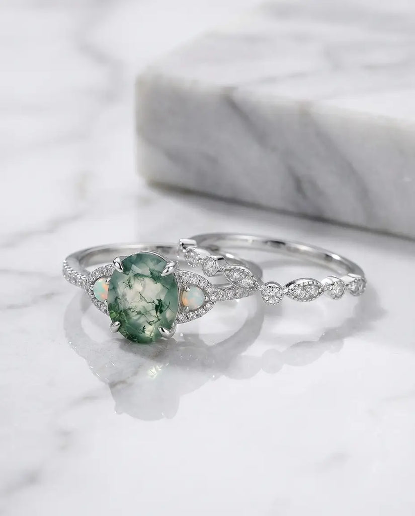 Oval Moss Agate Wedding Set with Opal Accents - Vintage Style IfShe Jewelry