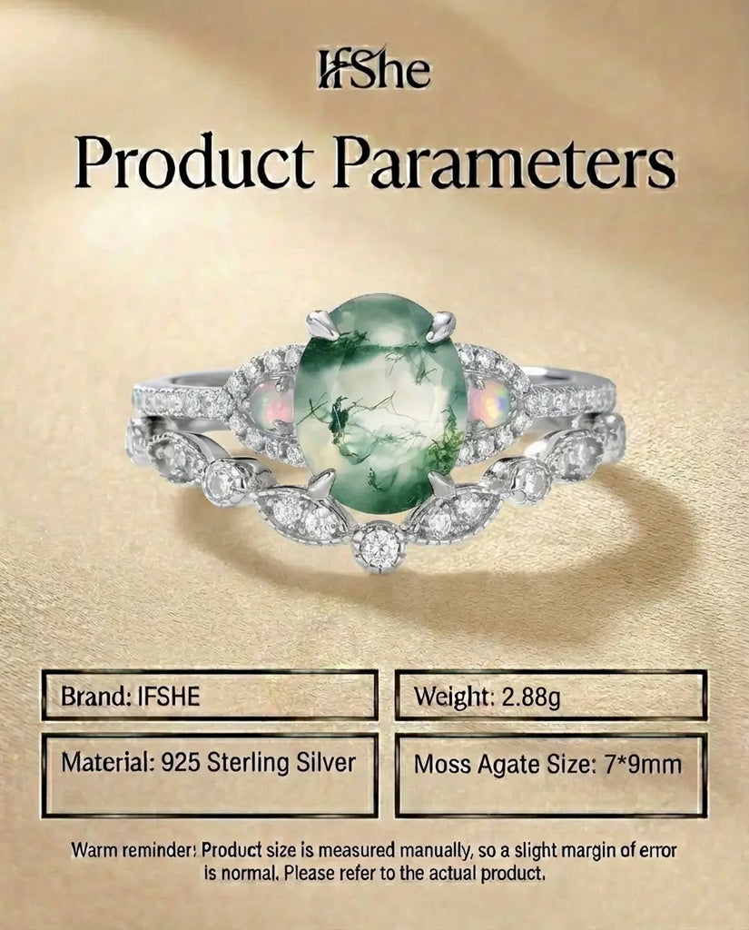 Oval Moss Agate Wedding Set with Opal Accents - Vintage Style IfShe Jewelry