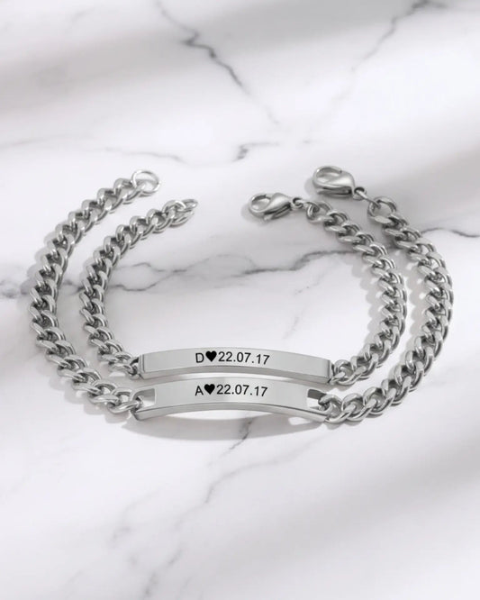 Bar Engraved Couple Bracelets – Personalized Initial and Date, Matching for Couples – Anniversary, Wedding Gift, His and Hers