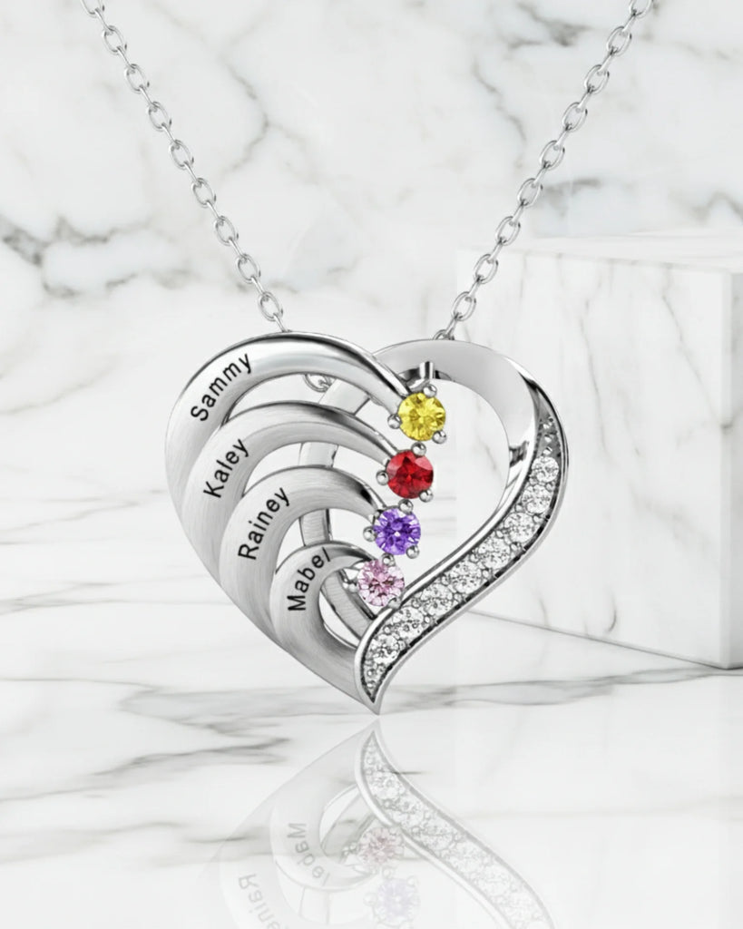 Personalized 4-Name Engraved Heart Necklace with Birthstones in Sterling Silver