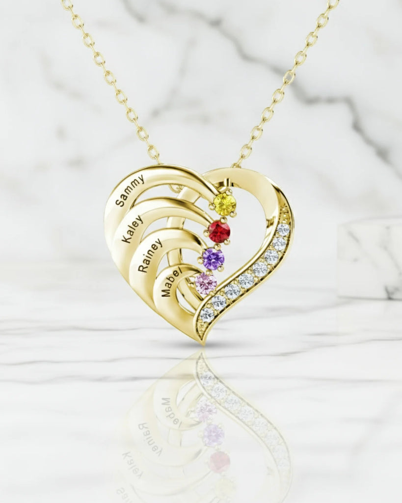 Personalized 4-Name Engraved Heart Necklace with Birthstones in Sterling Silver