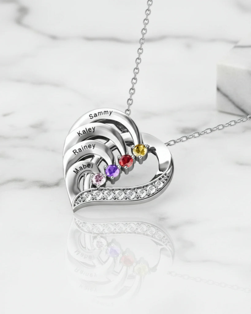 Personalized 4-Name Engraved Heart Necklace with Birthstones in Sterling Silver