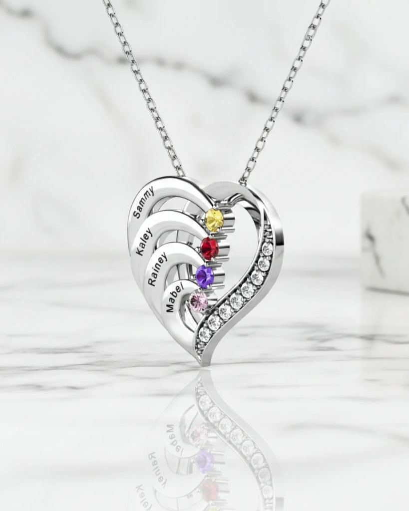 Personalized 4-Name Engraved Heart Necklace with Birthstones in Sterling Silver