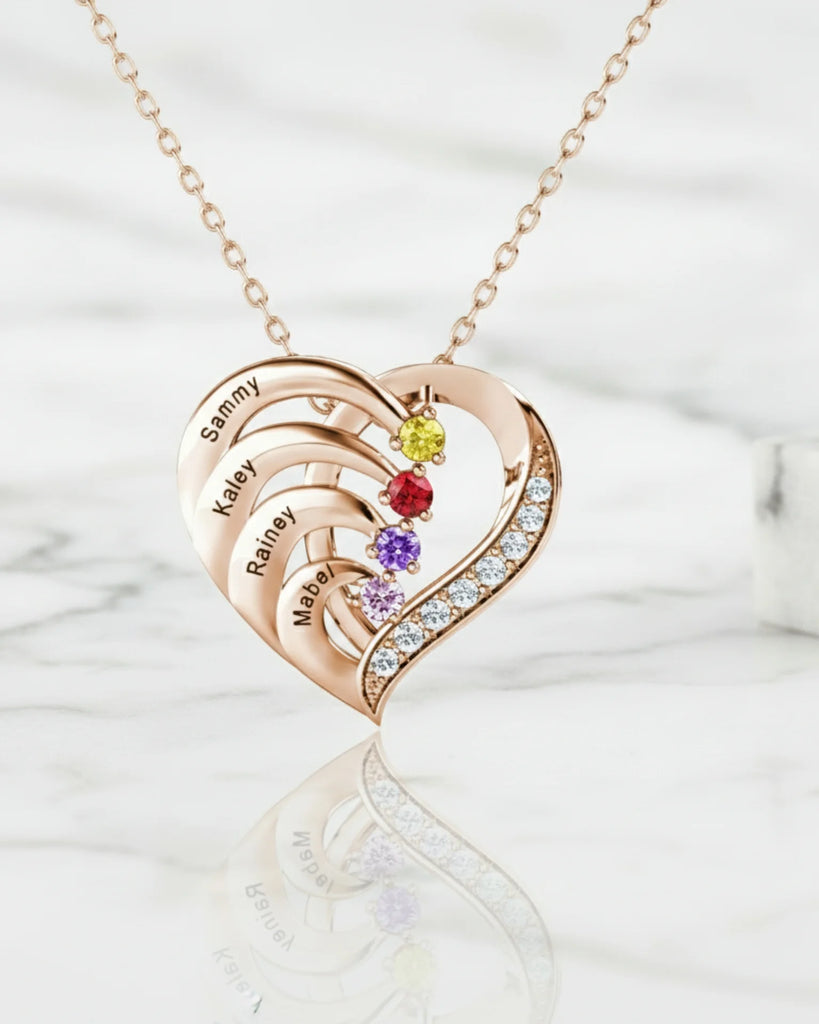 Personalized 4-Name Engraved Heart Necklace with Birthstones in Sterling Silver