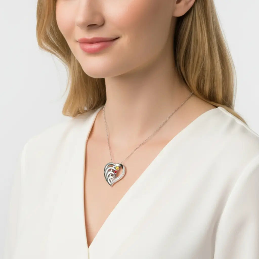 Personalized 4-Name Engraved Heart Necklace with Birthstones in Sterling Silver, Gold, or Rose Gold