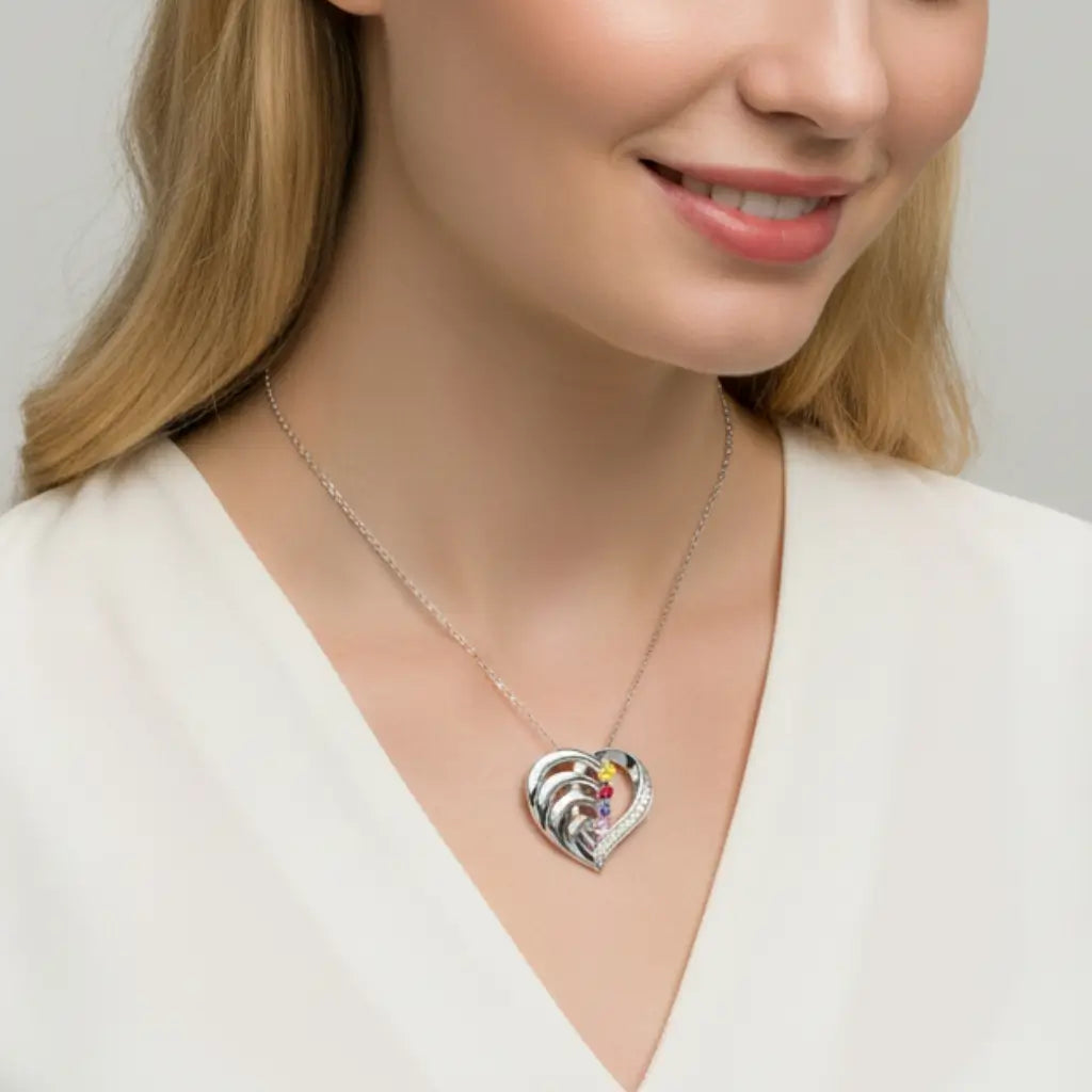 Personalized 4-Name Engraved Heart Necklace with Birthstones in Sterling Silver, Gold, or Rose Gold