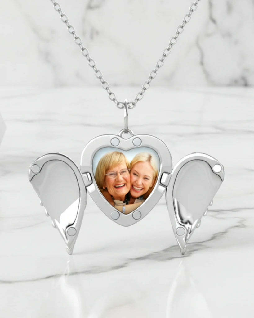 Personalized Angel Wings Photo Locket Necklace with Engraving