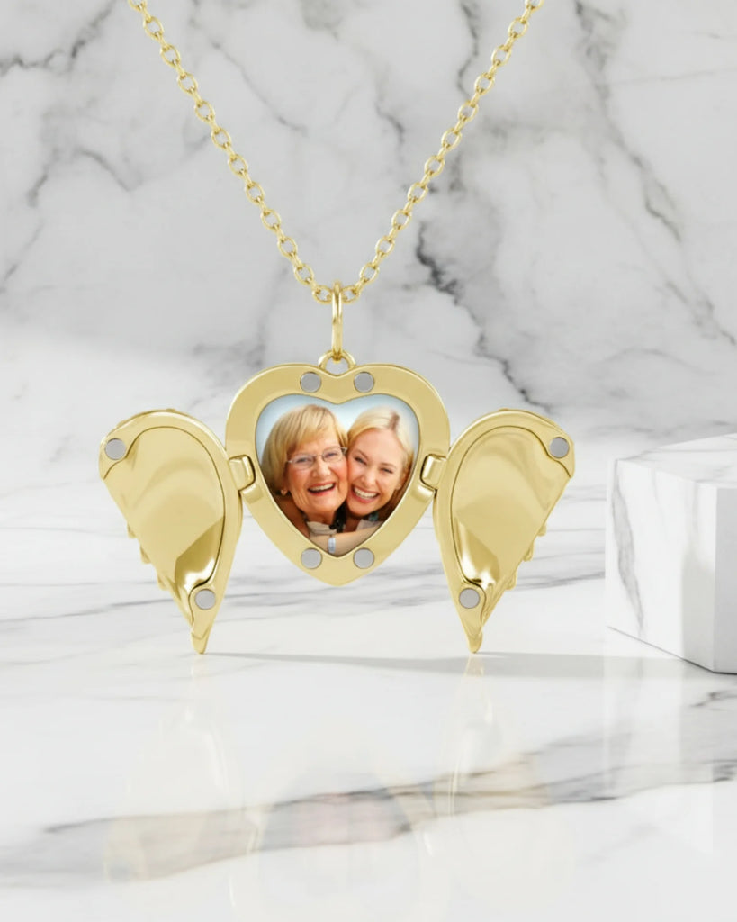 Personalized Angel Wings Photo Locket Necklace with Engraving