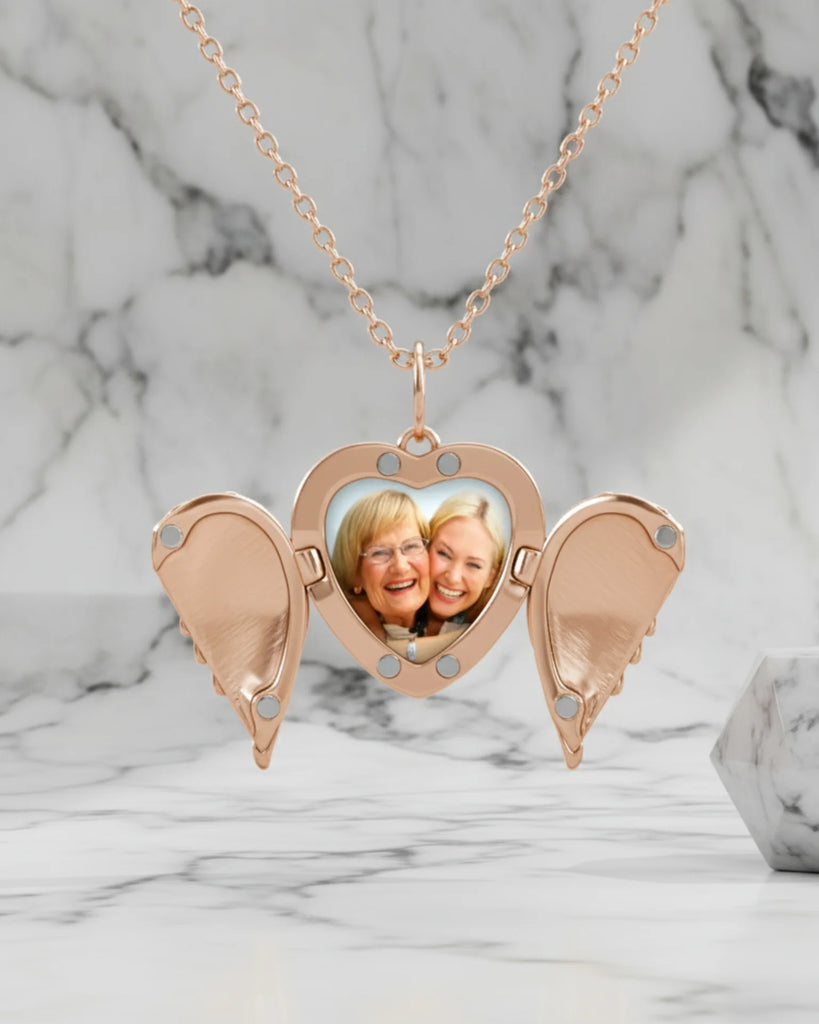 Personalized Angel Wings Photo Locket Necklace with Engraving