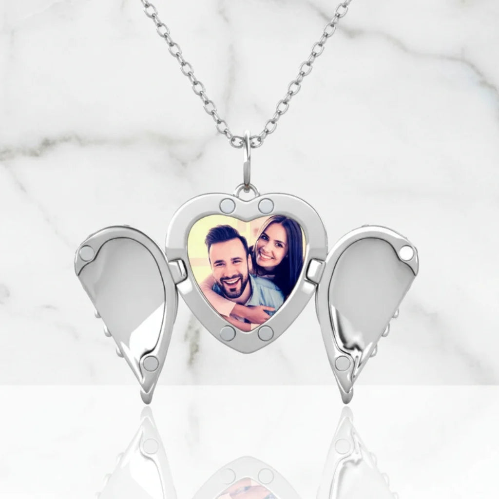 Personalized Angel Wings Photo Locket Necklace with Engraving in 925 Sterling Silver
