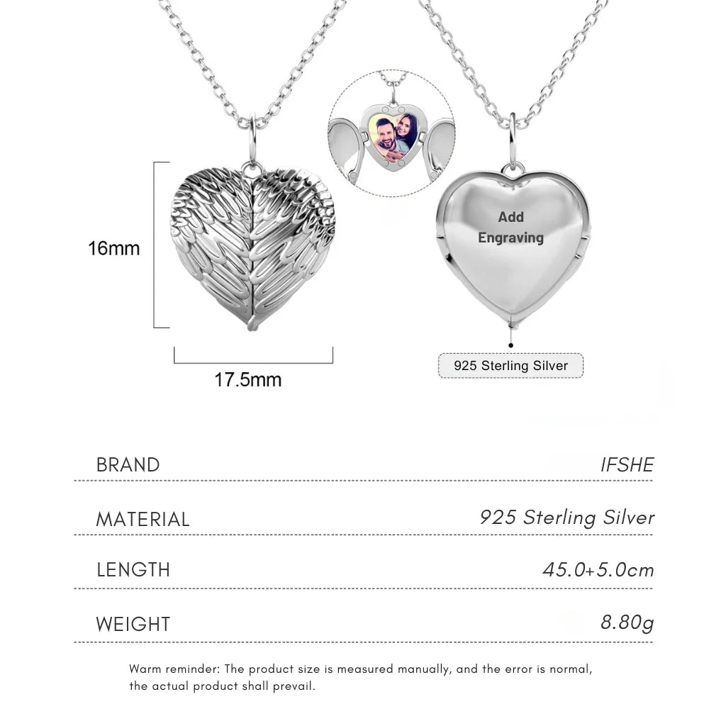 Personalized Angel Wings Photo Locket Necklace with Engraving in 925 Sterling Silver