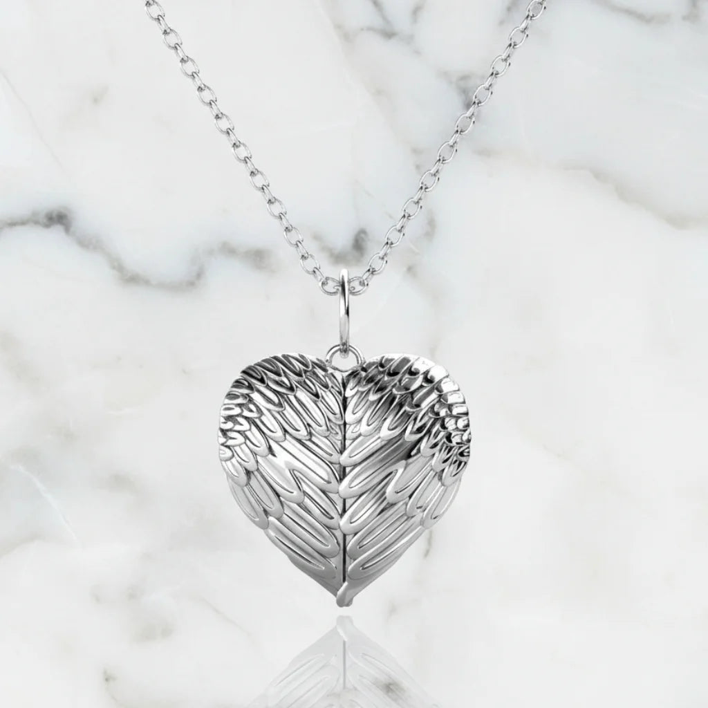 Personalized Angel Wings Photo Locket Necklace with Engraving in 925 Sterling Silver