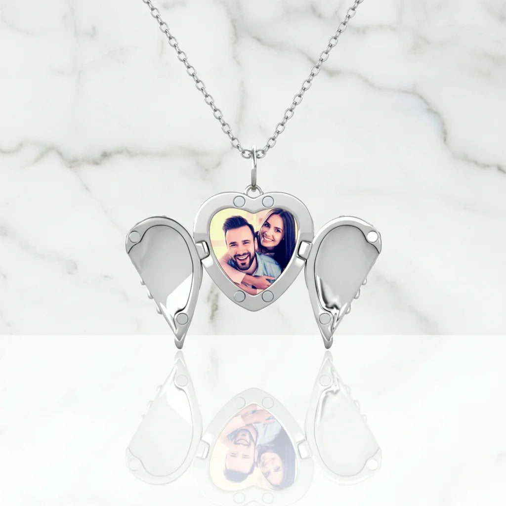 Personalized Angel Wings Photo Locket Necklace with Engraving in 925 Sterling Silver