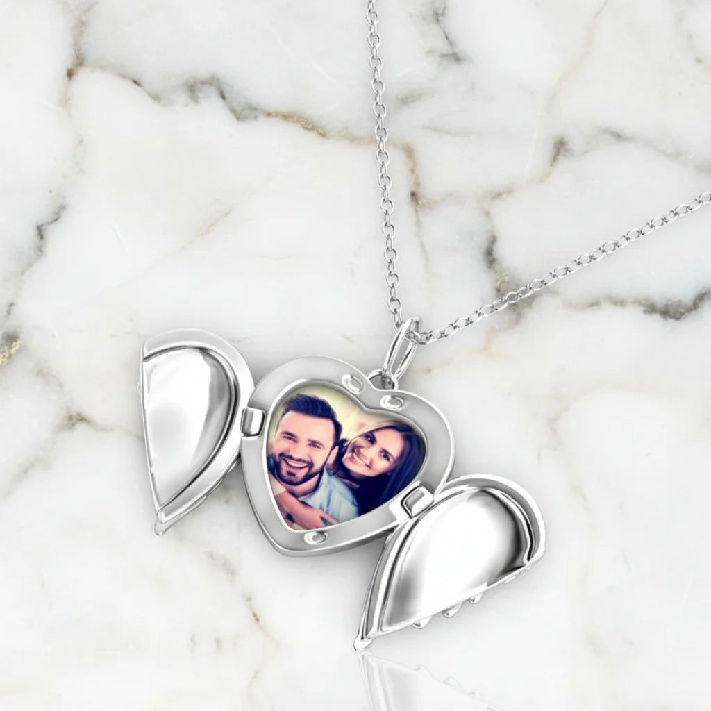 Personalized Angel Wings Photo Locket Necklace with Engraving in 925 Sterling Silver