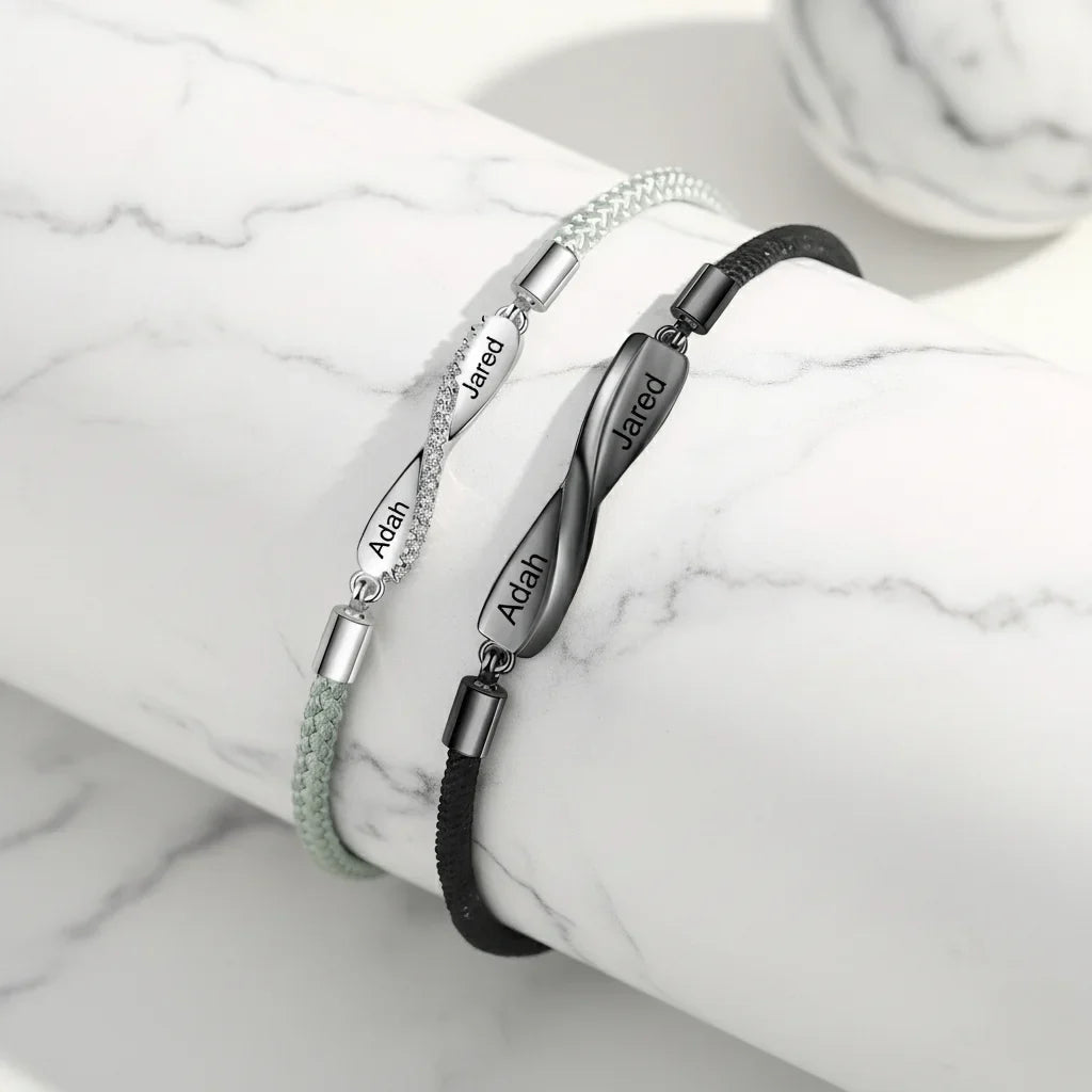 Personalized Couple Bracelets with Engraved Bar and Magnetic Heart Clasp