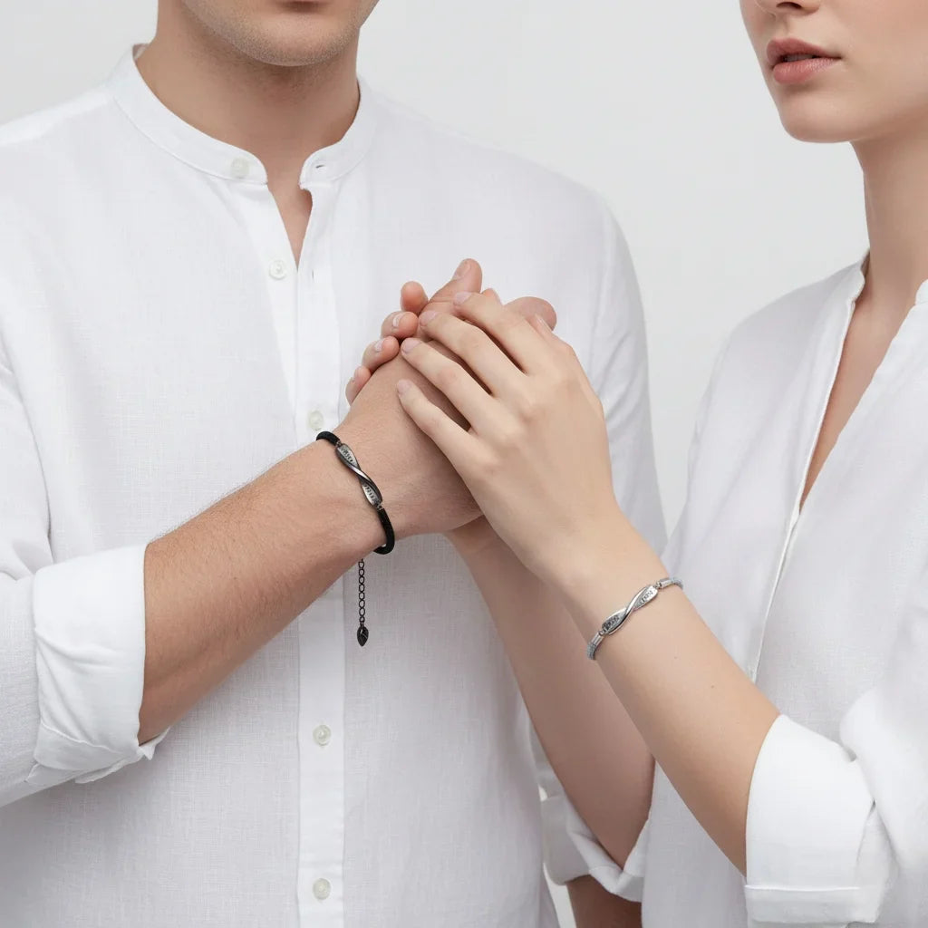 Personalized Couple Bracelets with Engraved Bar and Magnetic Heart Clasp