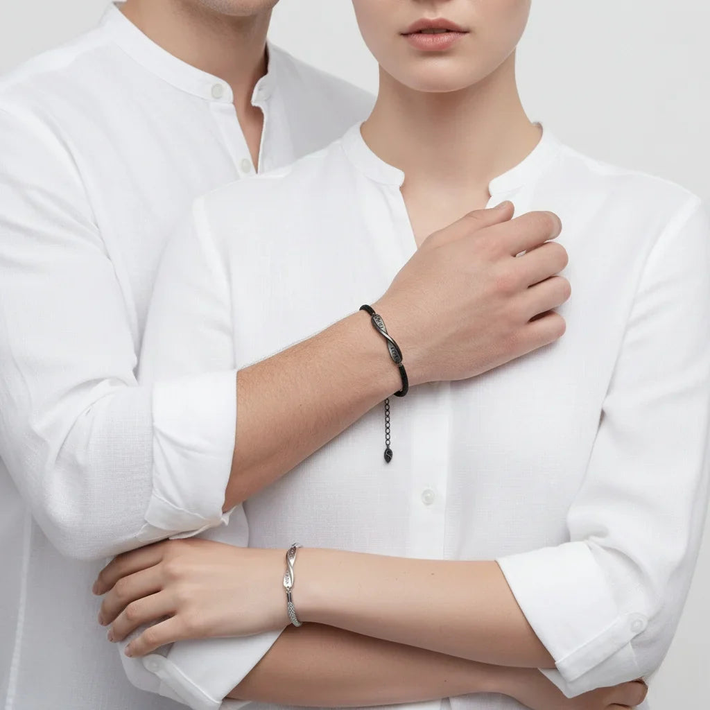 Personalized Couple Bracelets with Engraved Bar and Magnetic Heart Clasp