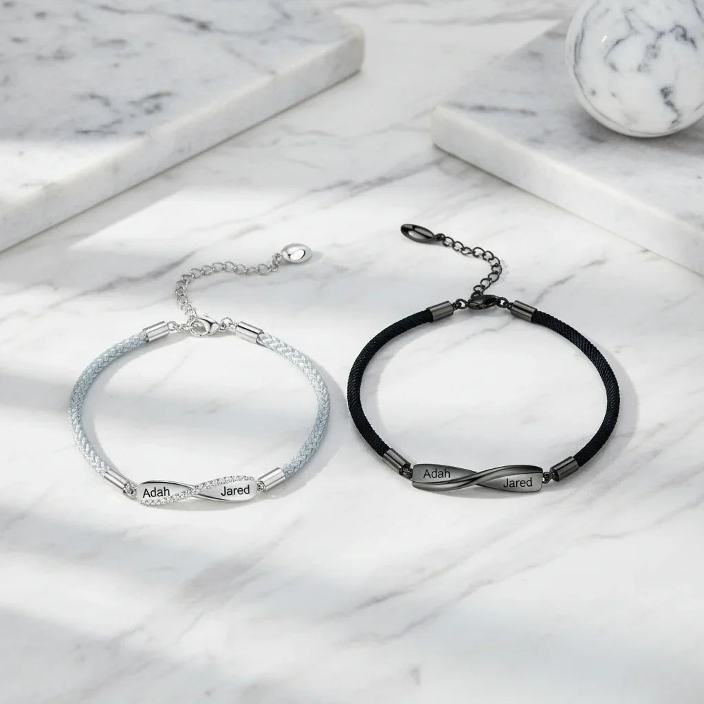 Personalized Couple Bracelets with Engraved Bar and Magnetic Heart Clasp