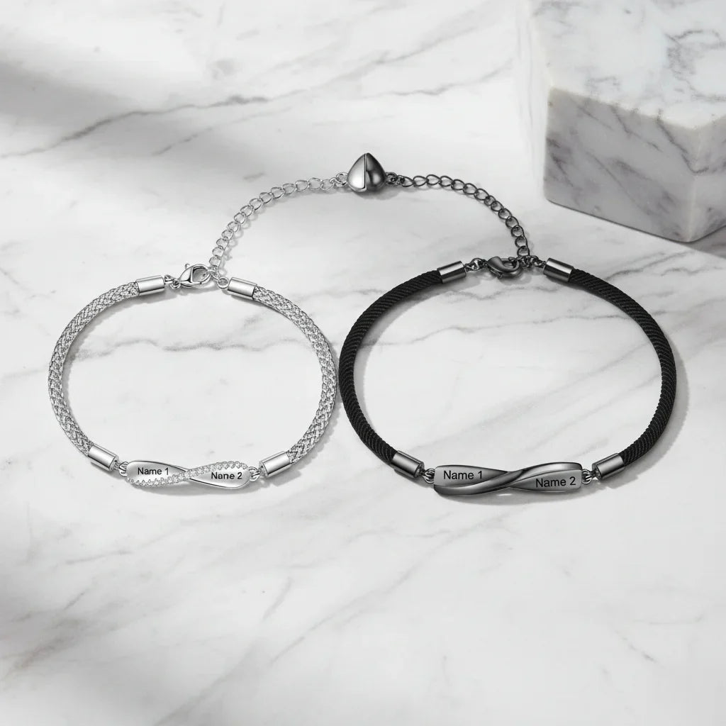Personalized Couple Bracelets with Engraved Bar and Magnetic Heart Clasp