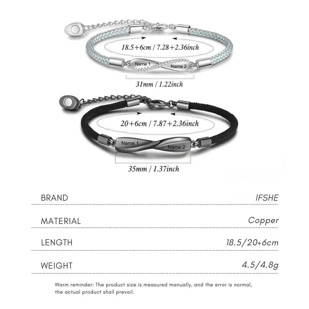 Personalized Couple Bracelets with Engraved Bar and Magnetic Heart Clasp