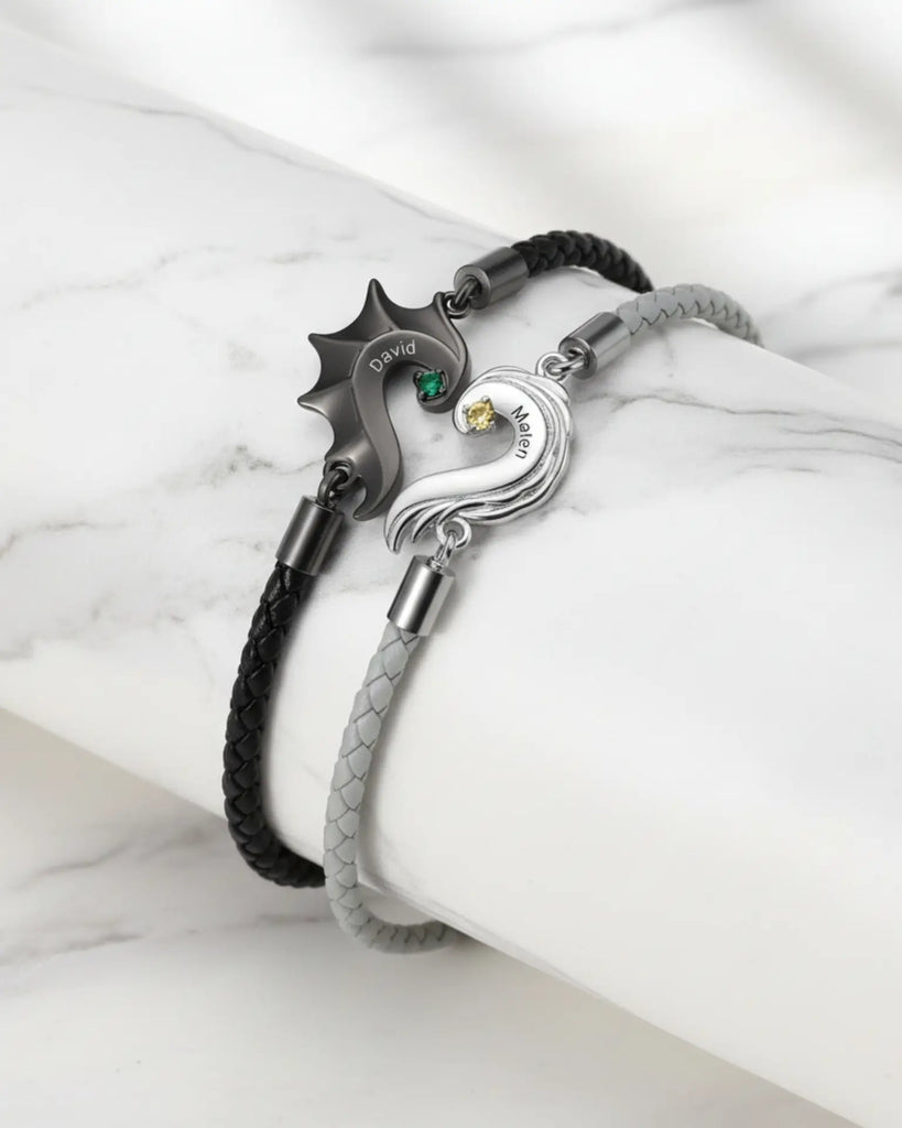 Personalized Dragon & Angel Wing Split Heart Couple Bracelets IfShe Jewelry