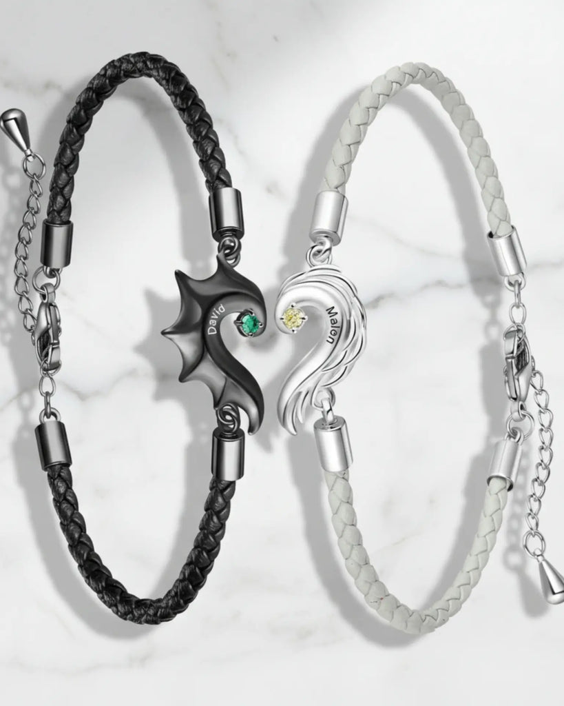 Personalized Dragon & Angel Wing Split Heart Couple Bracelets IfShe Jewelry