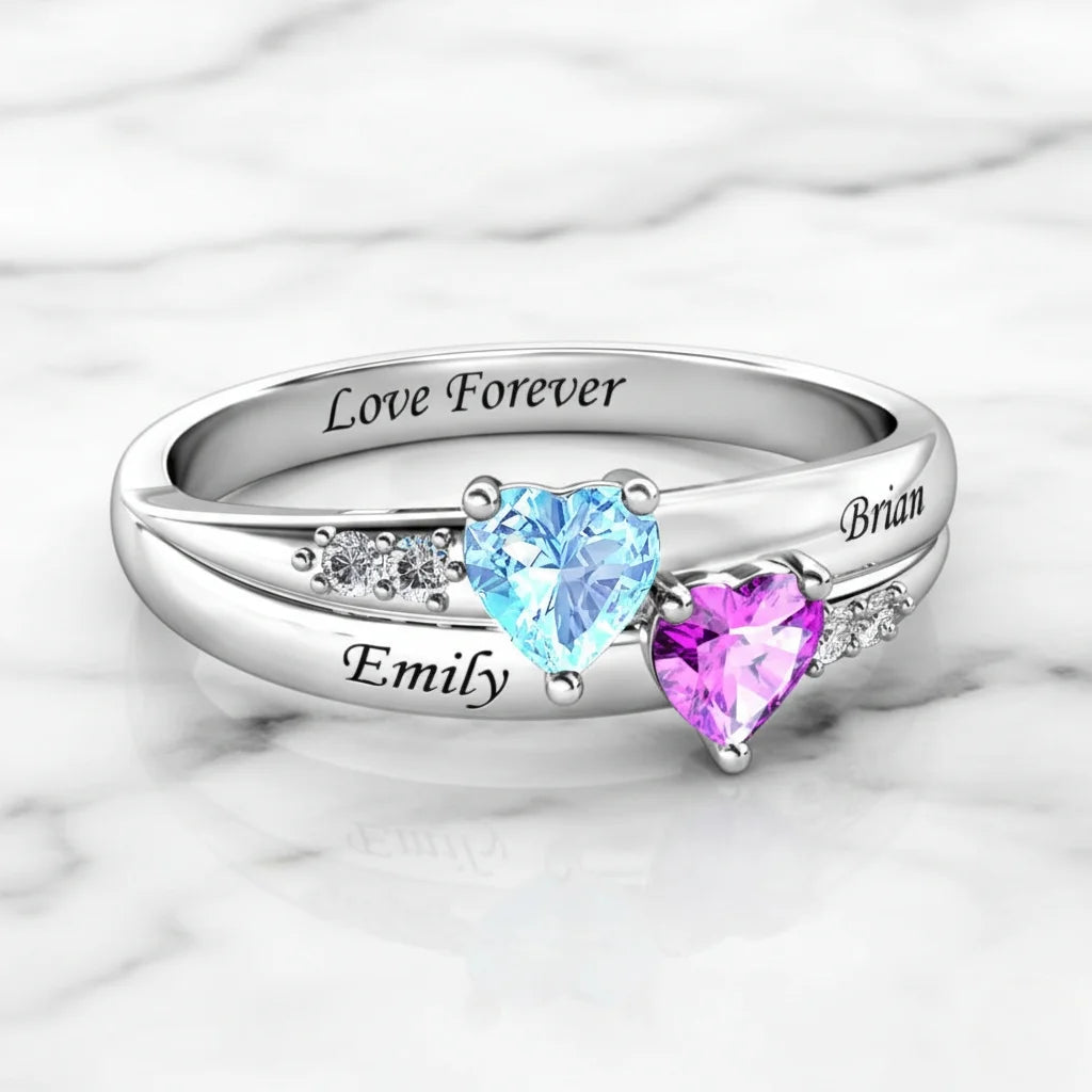 Personalized Dual Heart Birthstone Name Ring - 925 Sterling Silver Promise Jewelry