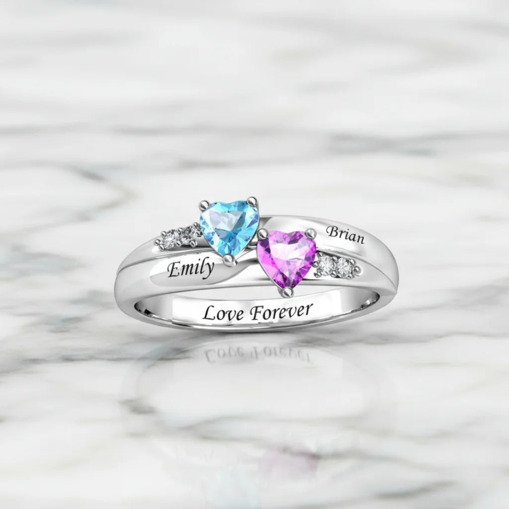 Personalized Dual Heart Birthstone Name Ring - 925 Sterling Silver Promise Jewelry