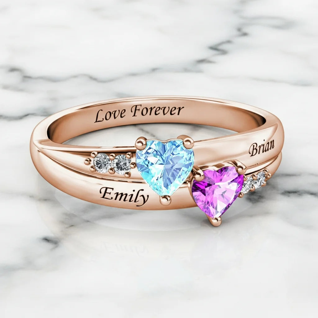 Personalized Dual Heart Birthstone Name Ring - 925 Sterling Silver Promise Jewelry