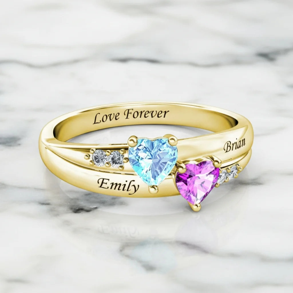 Personalized Dual Heart Birthstone Name Ring - 925 Sterling Silver Promise Jewelry