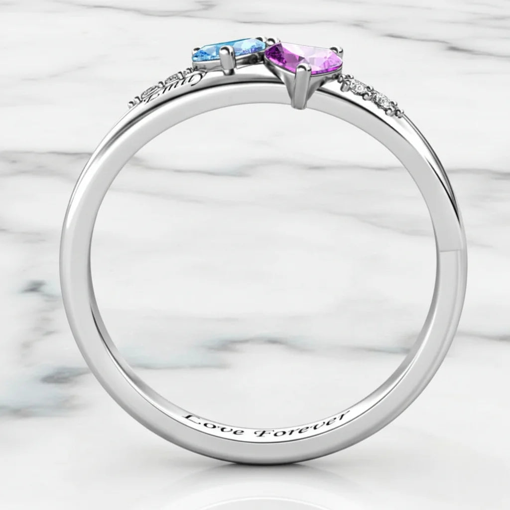 Personalized Dual Heart Birthstone Name Ring - 925 Sterling Silver Promise Jewelry