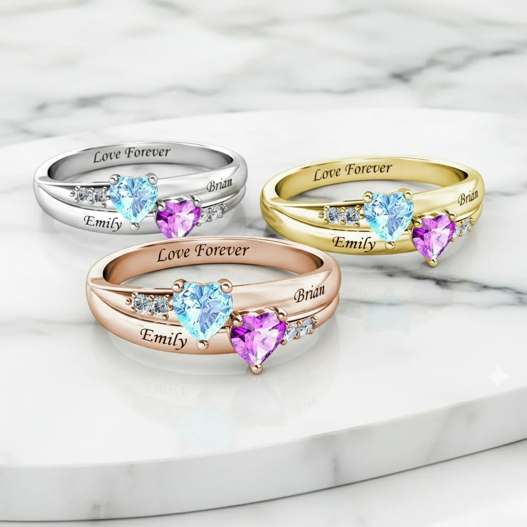 Personalized Dual Heart Birthstone Name Ring - 925 Sterling Silver Promise Jewelry