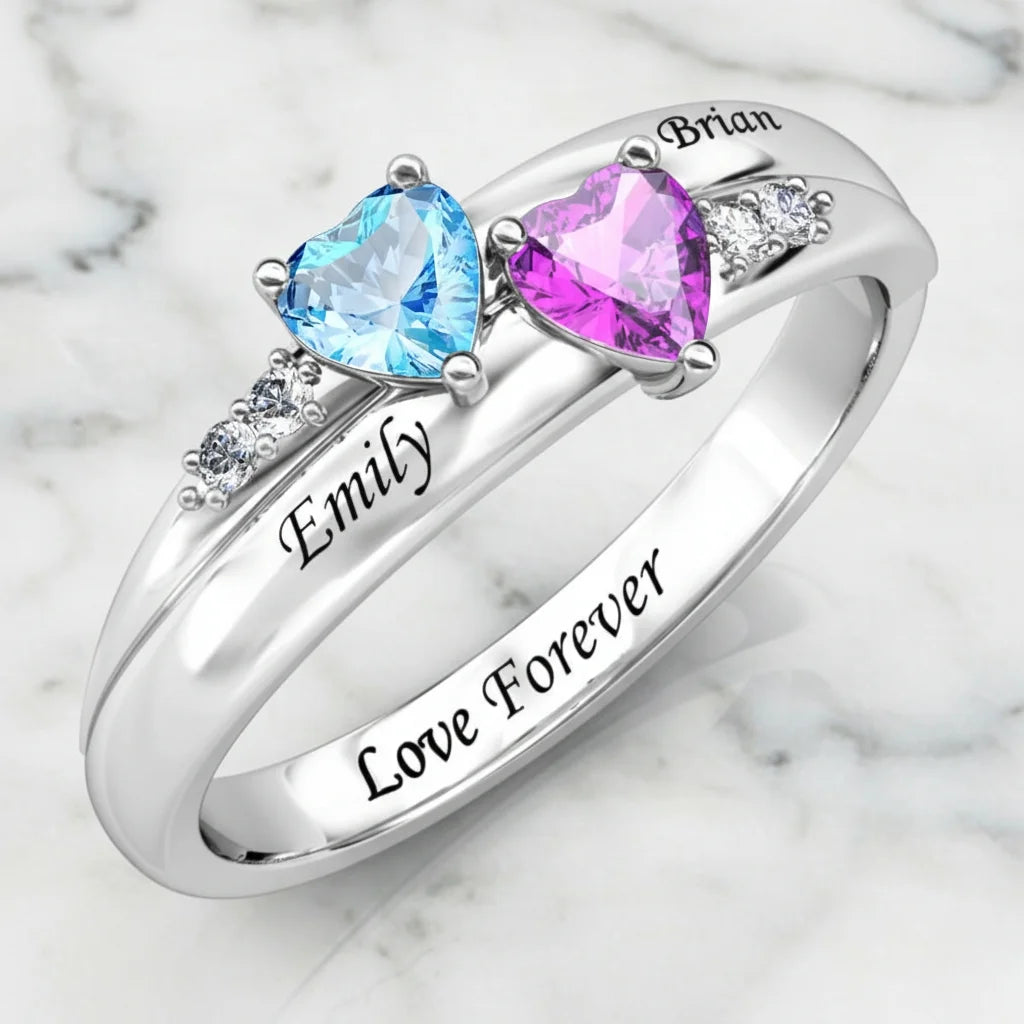 Personalized Dual Heart Birthstone Name Ring - 925 Sterling Silver Promise Jewelry
