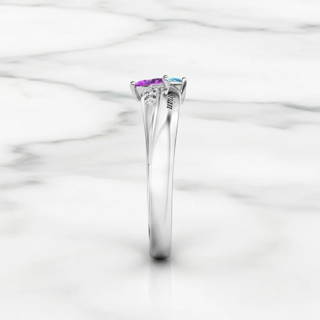 Personalized Dual Heart Birthstone Name Ring - 925 Sterling Silver Promise Jewelry