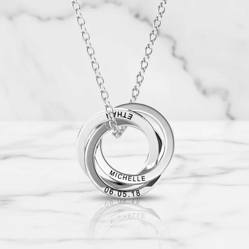 Personalized Engraved Russian Ring Necklace: Sterling Silver or Gold Vermeil, 3-5 Interlocking Circles