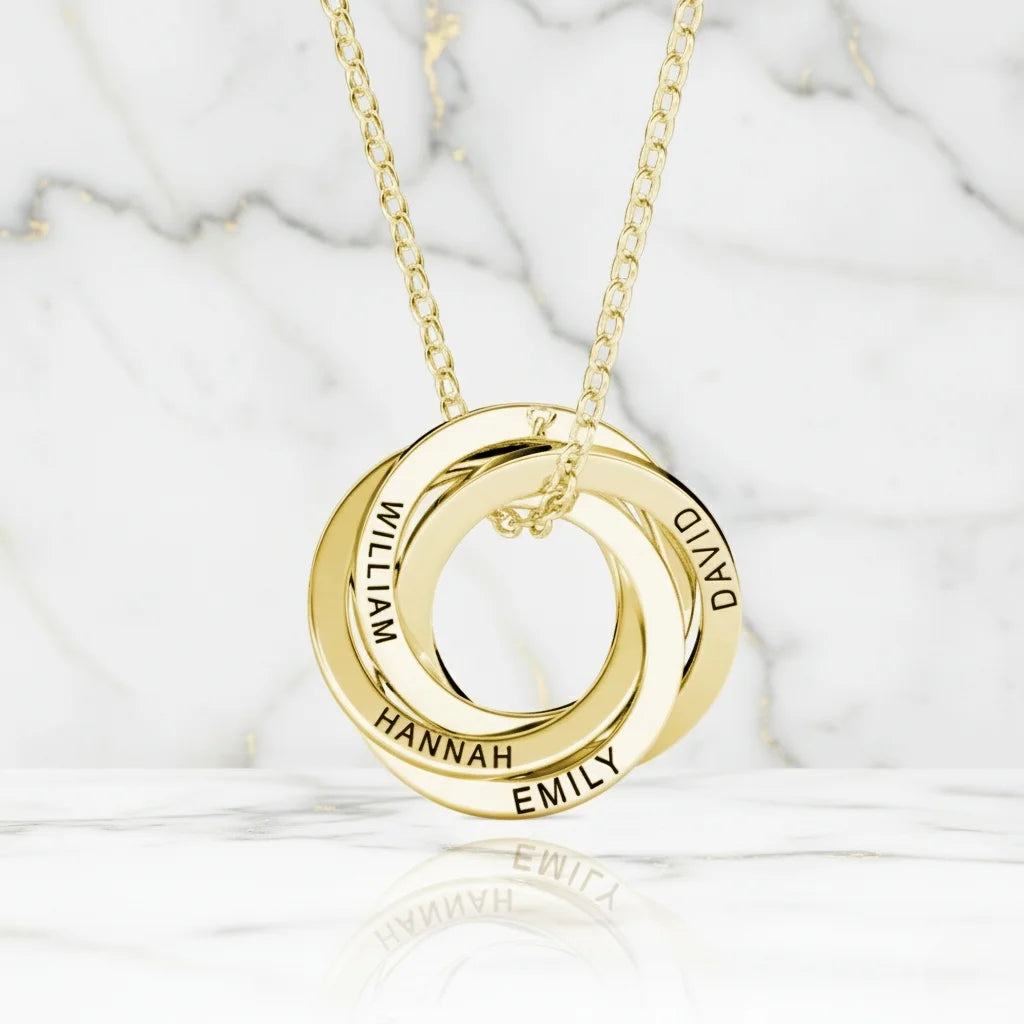Personalized Engraved Russian Ring Necklace: Sterling Silver or Gold Vermeil, 3-5 Interlocking Circles