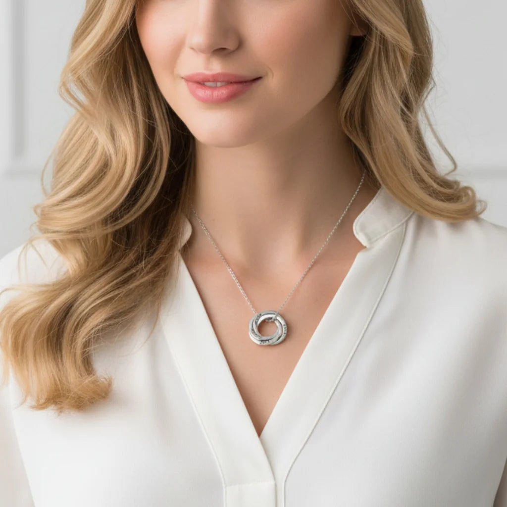 Personalized Engraved Russian Ring Necklace: Sterling Silver or Gold Vermeil, 3-5 Interlocking Circles