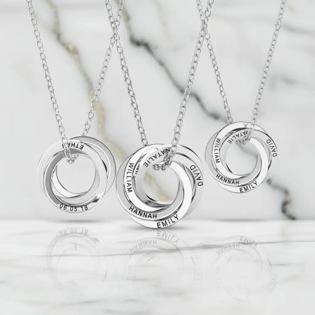 Personalized Engraved Russian Ring Necklace: Sterling Silver or Gold Vermeil, 3-5 Interlocking Circles