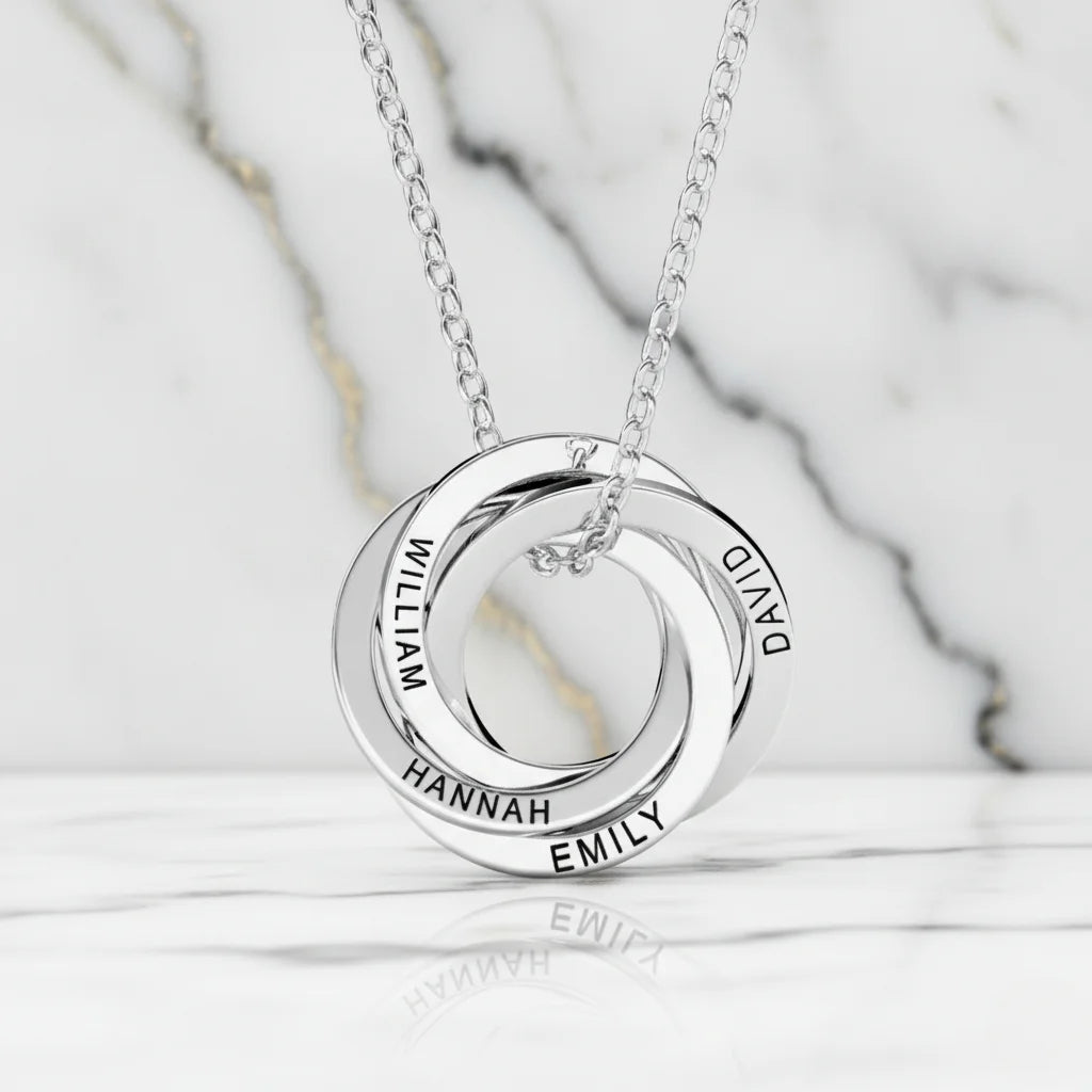 Personalized Engraved Russian Ring Necklace: Sterling Silver or Gold Vermeil, 3-5 Interlocking Circles