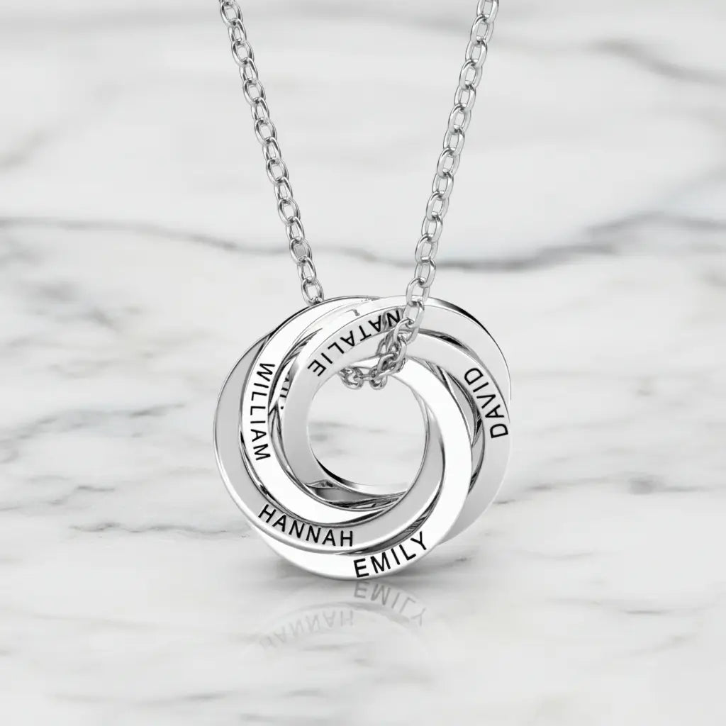Personalized Engraved Russian Ring Necklace: Sterling Silver or Gold Vermeil, 3-5 Interlocking Circles