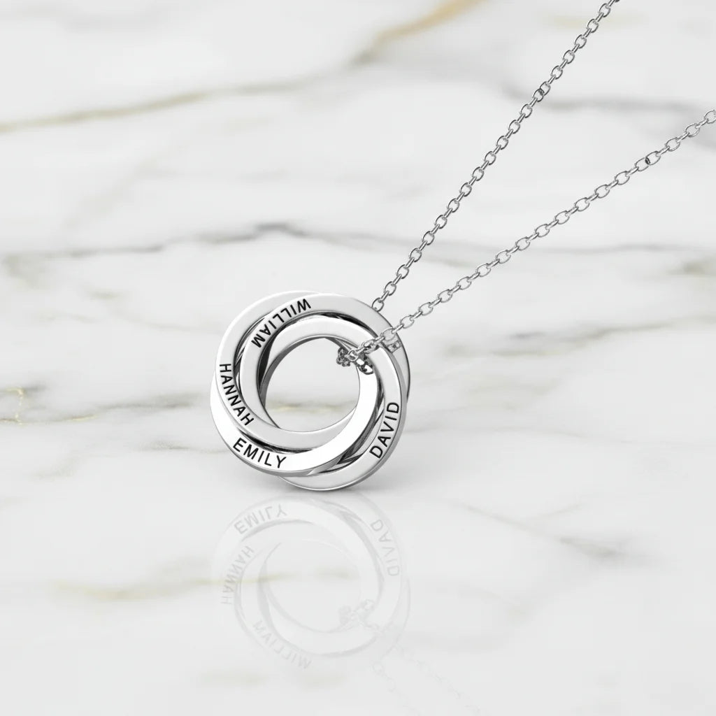 Personalized Engraved Russian Ring Necklace: Sterling Silver or Gold Vermeil, 3-5 Interlocking Circles
