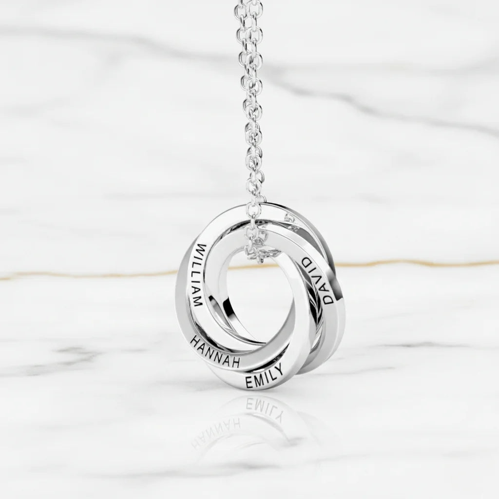 Personalized Engraved Russian Ring Necklace: Sterling Silver or Gold Vermeil, 3-5 Interlocking Circles